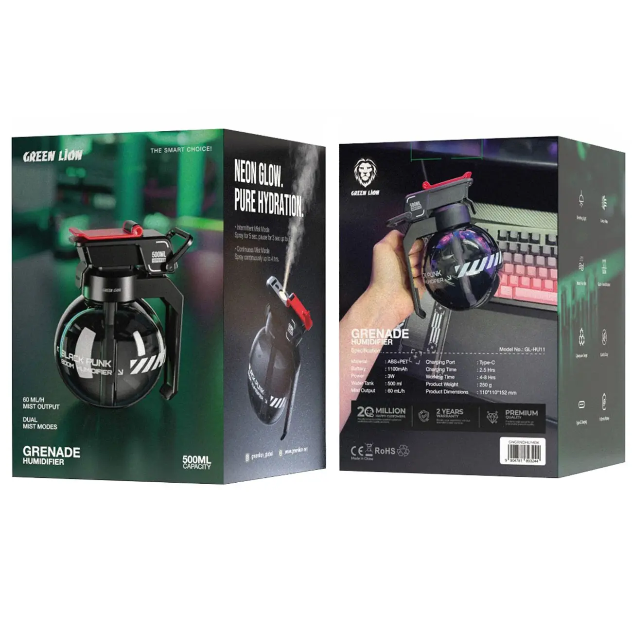 خوشبو کننده و رطوبت ساز طرح نارنجک گرین لاین Green Lion Grenade Humidifier 500mL GL-HU11