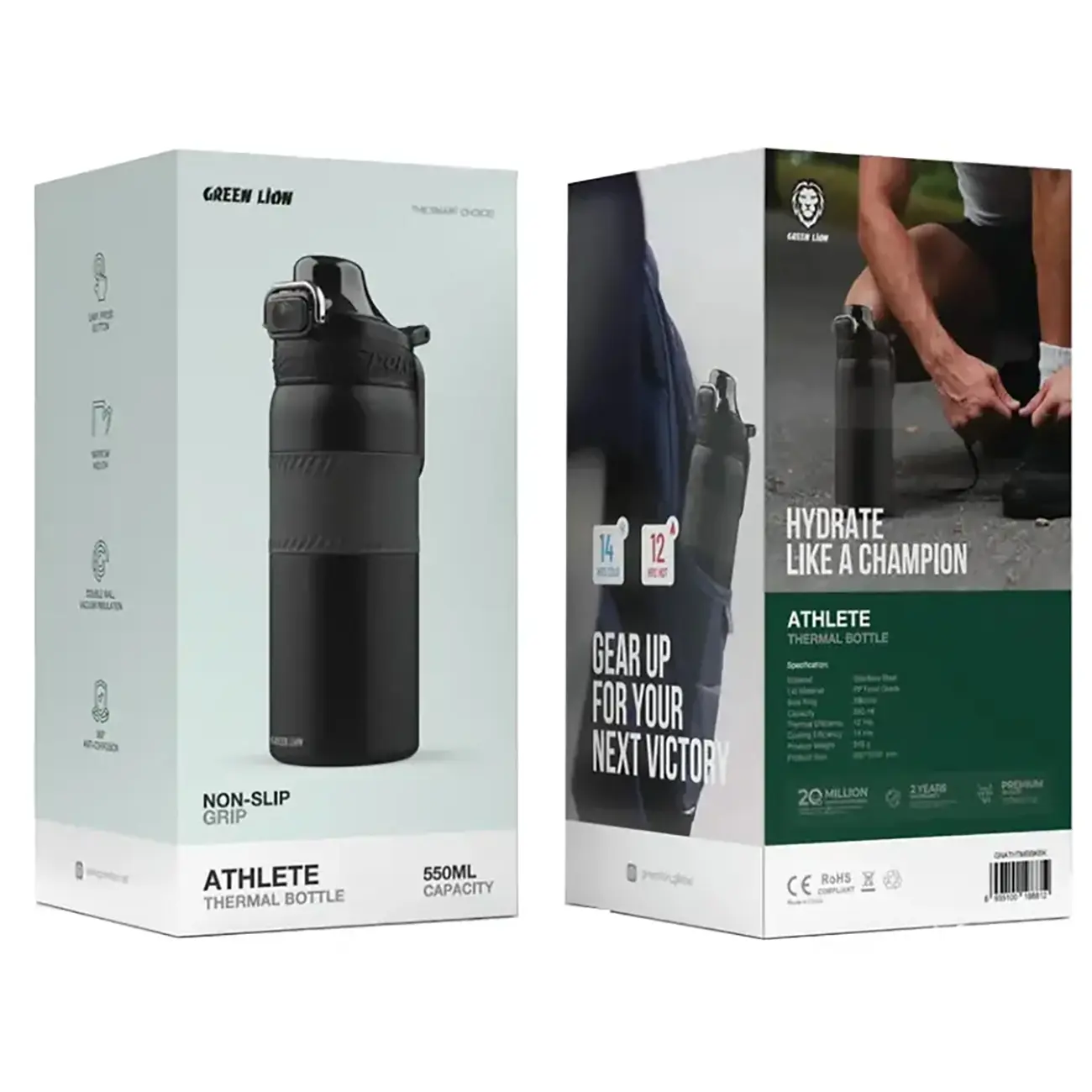 فلاسک و قمقمه ورزشی 550 میلی‌لیتر گرین لاین Green Lion Athlete Thermal Bottle GNATHTMBBK