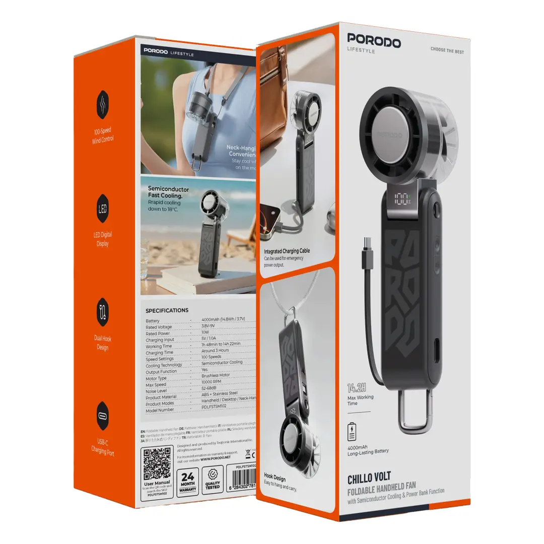 پنکه دستی شارژی تاشو پرودو PORODO Chillo FAN PDLFSTSM102BK