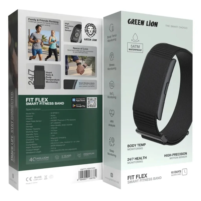 مچ‌ بند هوشمند گرین لاین مدل Fit Flex با بند نایلونی ضد آب و اپلیکیشن ردیاب تناسب اندام
