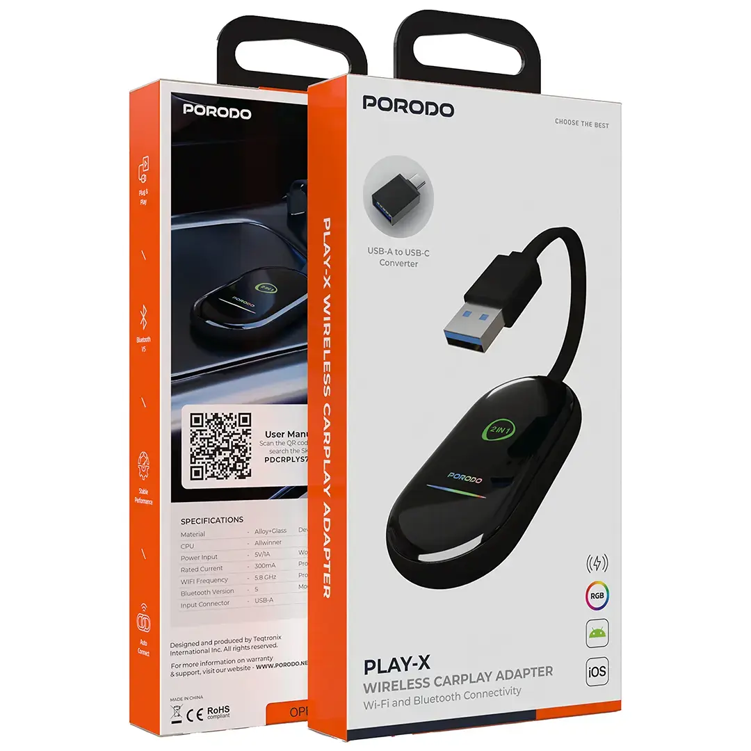 دانگل کارپلی پرودو مدل Porodo Play-X Wireless CarPlay Adapter PDCRPLYS57BK