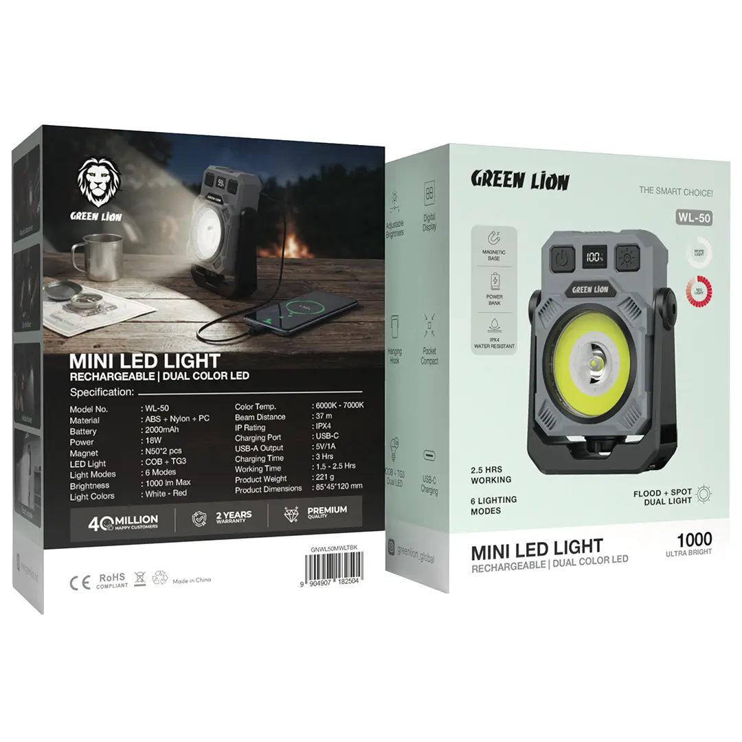 چراغ LED قابل شارژ دو رنگ گرین لاین Green Lion GNWL50MWLTBK